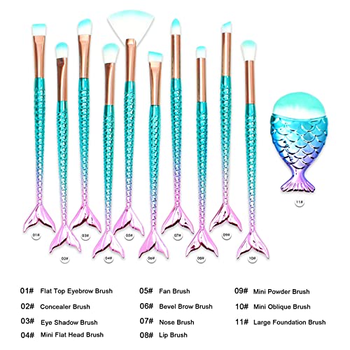 11PCS Makeup Brushes Set with Colorful Fish Tail Handle, Foundation Eyebrow Eyeliner Blush Cosmetic Concealer Brushes Women Christmas Gift Ideas Stocking Stuffers for Girls Kids...