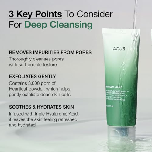 ANUA Heartleaf Quercetinol Pore Deep Cleansing Foam, Facial Cleanser, for Double Cleansing, BHA, Hyaluronic Acid, Glycerin, Face Wash, Blackhead Remover, Korean Skincare...