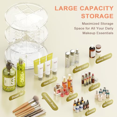 Auxmir Make Up Kosmetik Organizer, 360° Drehbar Aufbewahrung, Schmink Organizers für Dresser Schminktisch Skincare Aufbewahrungssystem, Transparent