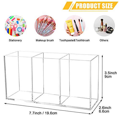 Cerpourt Clear Makeup Brush Organizer,Acrylic Cosmetic Brushes Storage Holder with 3 Slots,Pencil Pen Holder for Desk,Desk Organizer and Accessories for Vanity