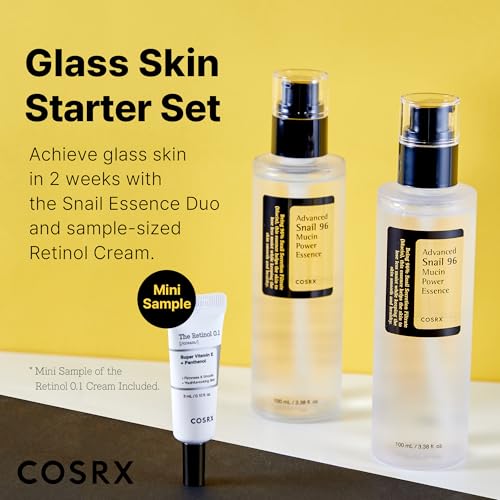 COSRX Glass Skin Starter Set, Advanced Snail 96% Mucin Power Essence (3.38 fl.oz*2) & Retinol 0.1% Cream Mini Sample (0.1 oz), Daily Hydrating & Firming Korean Skin Care Kit for...