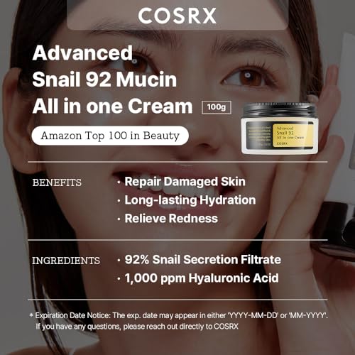 COSRX Snail Mucin 92% Repair Cream, Daily Face Gel Moisturizer for Dry Skin, Acne-prone, Sensitive Skin, Not Tested on Animals, No Parabens, Korean Skincare (3.52 Fl Oz (Pack of...