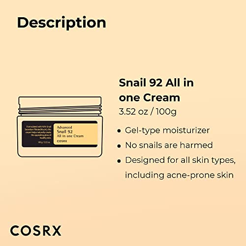 COSRX Snail Mucin 92% Repair Cream, Daily Face Gel Moisturizer for Dry Skin, Acne-prone, Sensitive Skin, Not Tested on Animals, No Parabens, Korean Skincare (3.52 Fl Oz (Pack of...