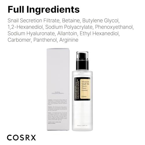 COSRX Snail Mucin 96% Power Repairing Essence 3.38 fl.oz 100ml, Hydrating Serum for Face with Snail Secretion Filtrate for Dull Skin & Fine Lines, Korean Skin Care