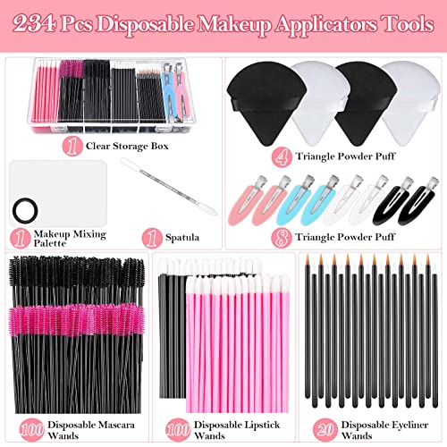 Disposable Makeup Applicators Accessories Kit Makeup Artist Supplies with Mixing Tray Mascara Wands, Lip Brushes, Hair Clips Triangle Puff for Face with Storage Box