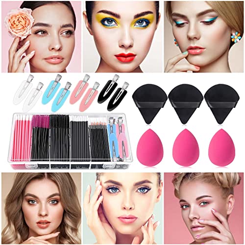 Disposable Makeup Applicators Kit with Mixing Palette Powder Puff Makeup Artist Tools Supplies Mascara Wands, Lip Brushes, Hair Clips Makeup Sponge for Face with Storage Box