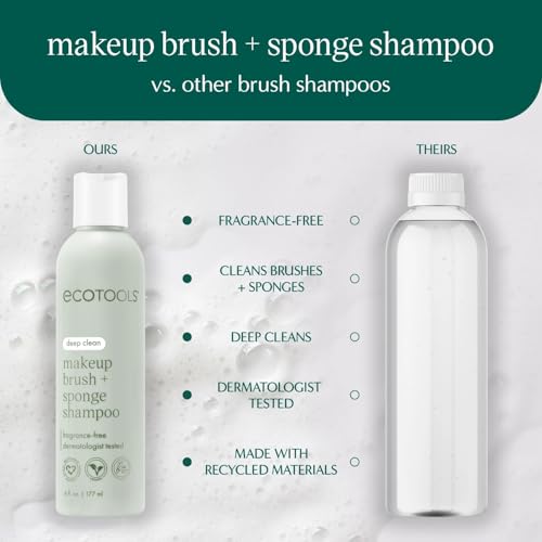 EcoTools Cleanser Shampoo for Makeup Brush/Sponge/Puffs, Remove Makeup & Impurities, Fragrance-Free, No Harsh Chemicals, Vegan & Cruelty-Free, 6 fl.oz./177 ml, 1 Count