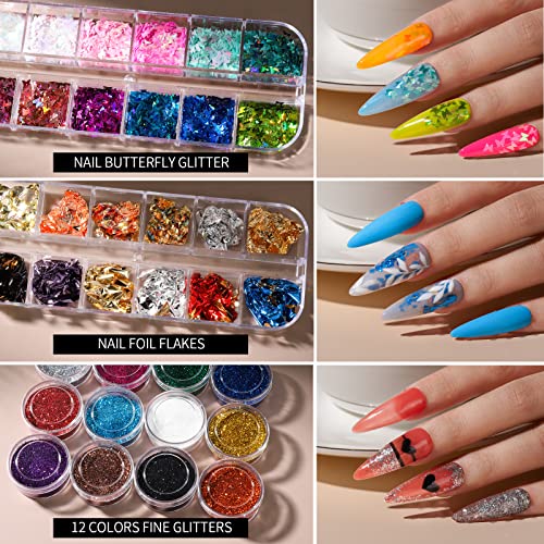 FANDAMEI Nail Art Kit, Nail Design Tools Kit with Nail Art Brushes, Nail Dotting Tools,Fine Glitter,Nail Butterfly, Nail Heart Glitter Sequins, Nail Foil Flakes, Nail Art...