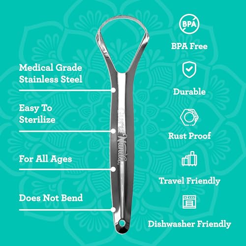 GuruNanda Stainless Steel Tongue Scraper (Pack of 2), Fight Bad Breath, Medical Grade 100% Stainless Steel Tongue Cleaner, Tongue Scraper For Adults and Kids, Great For Oral...