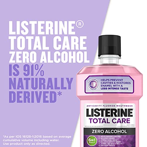 Listerine Total Care Alcohol-Free Anticavity Fluoride Mouthwash, 6 Benefit Oral Rinse to Help Kill 99% of Germs That Cause Bad Breath, Strengthen Enamel, Fresh Mint Flavor, 500 mL