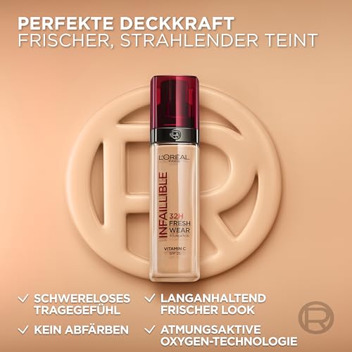 L'Oréal Paris makeup, waterproof and long-lasting liquid foundation with SPF 25, Infaillible 32H Fresh Wear makeup, No. 220 sand, 30 ml