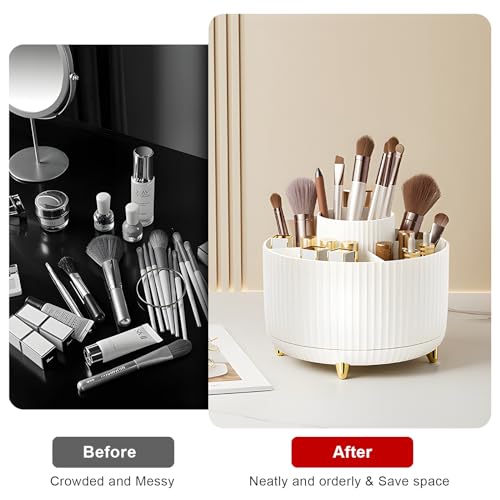 Makeup Brush Holder Organizer,360° Rotating Makeup Brush Organizer,5 Slot Make up Brushes Cup for Cosmetics, Nail Polish, Art Supply, Bathroom Vanity Desktop Organizer - White