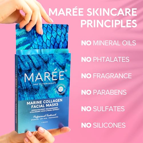 MAREE Facial Masks with Marine Collagen & Hyaluronic Acid - Sheet Moisturizing Masks for Face with Green & Red Algae Extract for All Skin Types - Hydrating Skin Care Mask with...