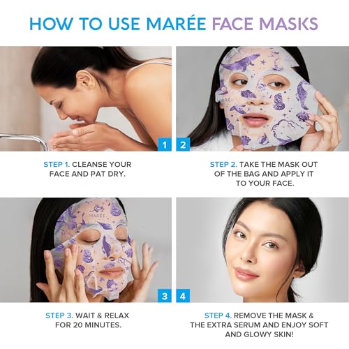 MAREE Facial Masks with Marine Collagen & Hyaluronic Acid - Sheet Moisturizing Masks for Face with Green & Red Algae Extract for All Skin Types - Hydrating Skin Care Mask with...