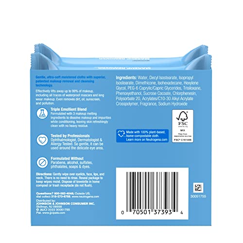 Neutrogena Makeup Remover Wipes, Ultra-Soft Cleansing Facial Towelettes for Waterproof Makeup, Alcohol-Free, Plant-Based, Twin Pack, 25 Count (Pack of 2)