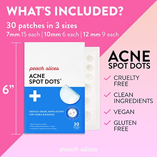 Peach Slices | Acne Spot Dots | Hydrocolloid Acne Patches | For Zits, Blemishes, & Breakouts | Vegan | Cruelty-Free | Pimple Patches | Facial Skin Care Products | 3 Sizes (7mm,...