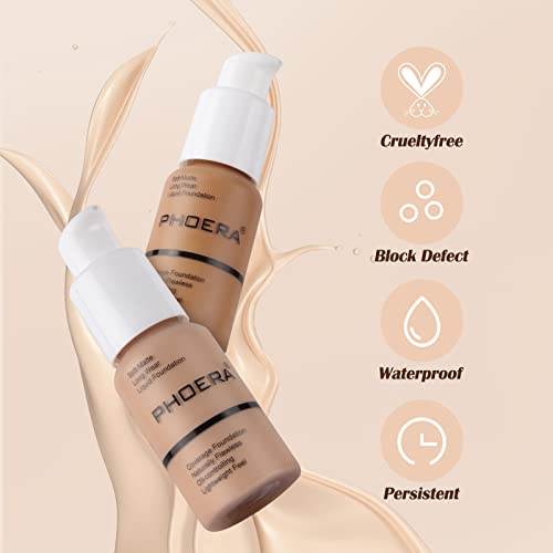 Phoera Foundation, Full Coverage Foundation, Concealer Liquid Foundation, Full Coverage Flawless Cream, Smooth, Long-Lasting, 30 ml, 24HR Matte Oil Control Concealer Make-Up...