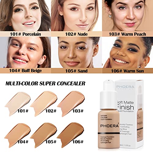 Phoera Foundation, Full Coverage Foundation, Concealer Liquid Foundation, Full Coverage Flawless Cream, Smooth, Long-Lasting, 30 ml, 24HR Matte Oil Control Concealer Make-Up...