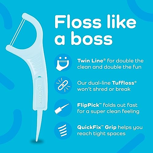 Plackers Twin-Line Dental Flossers, Cool Mint Flavor, Dual Action Flossing System, Easy Storage, Super Tuffloss, 2X The Clean, 75 Count