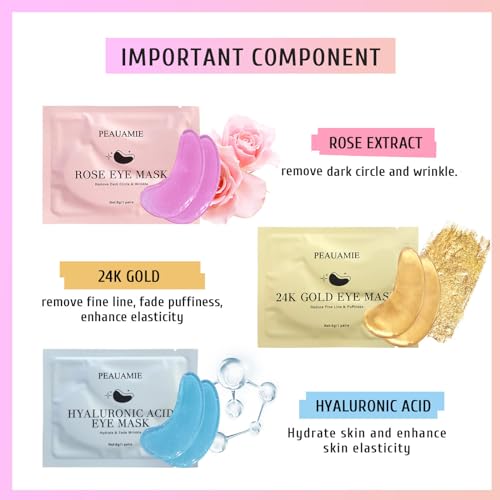 Under Eye Patches (30 Pairs) Gold Eye Mask and Hyaluronic Acid Eye Patches for puffy eyes,Rose Eye Masks for Dark Circles and Puffiness under eye skin care Smooth Wrinkles products