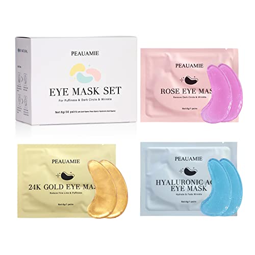 Under Eye Patches (30 Pairs) Gold Eye Mask and Hyaluronic Acid Eye Patches for puffy eyes,Rose Eye Masks for Dark Circles and Puffiness under eye skin care Smooth Wrinkles products