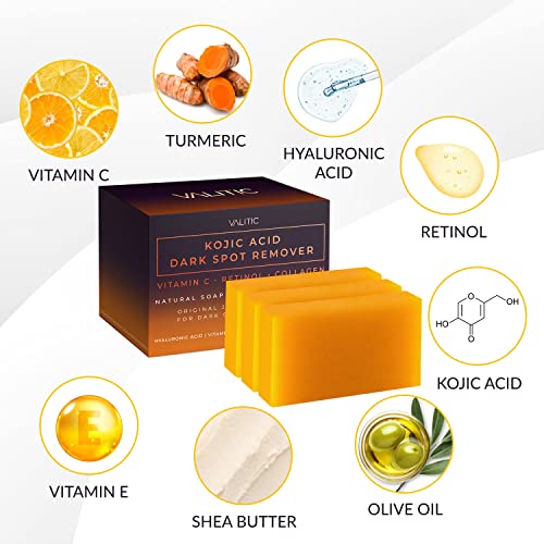 VALITIC Kojic Acid Dark Spot Remover Soap Bars with Vitamin C, Retinol, Collagen, Turmeric - Original Japanese Complex Infused with Hyaluronic Acid, Vitamin E, Shea Butter,...