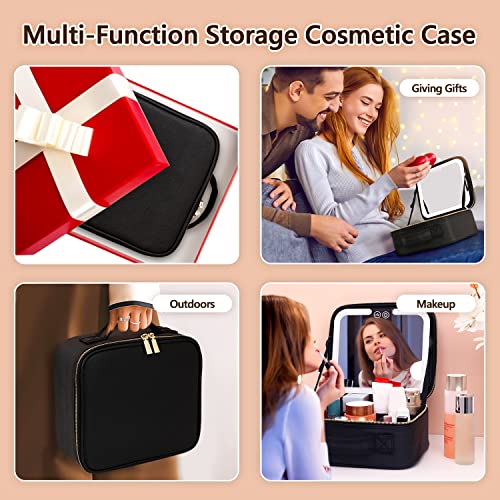 VANMRIOR Travel Makeup Bag with LED Lighted Make up Case with Mirror 3 Color Setting Cosmetic Makeup Box Organizer Vanity Case for Women Beauty Tools Accessories Case Rechargeable